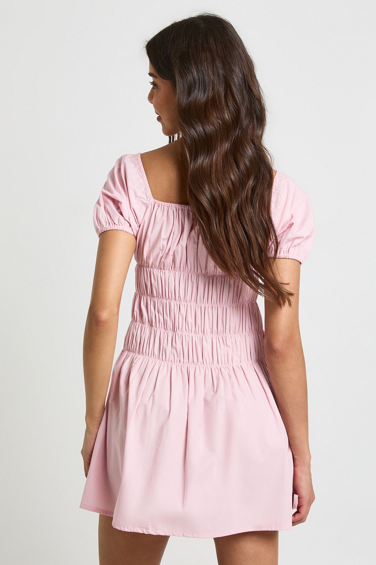 Boohoo Womens Cotton Poplin Shirred Bodice Puff Sleeve Mini Dress - Light Pink