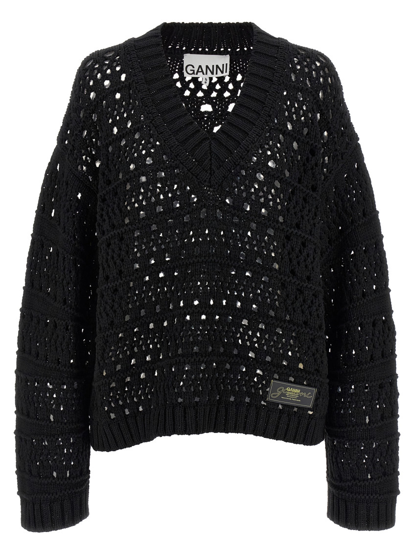 Ganni - Black Crochet V-Neck Sweaters And Cardigans Black