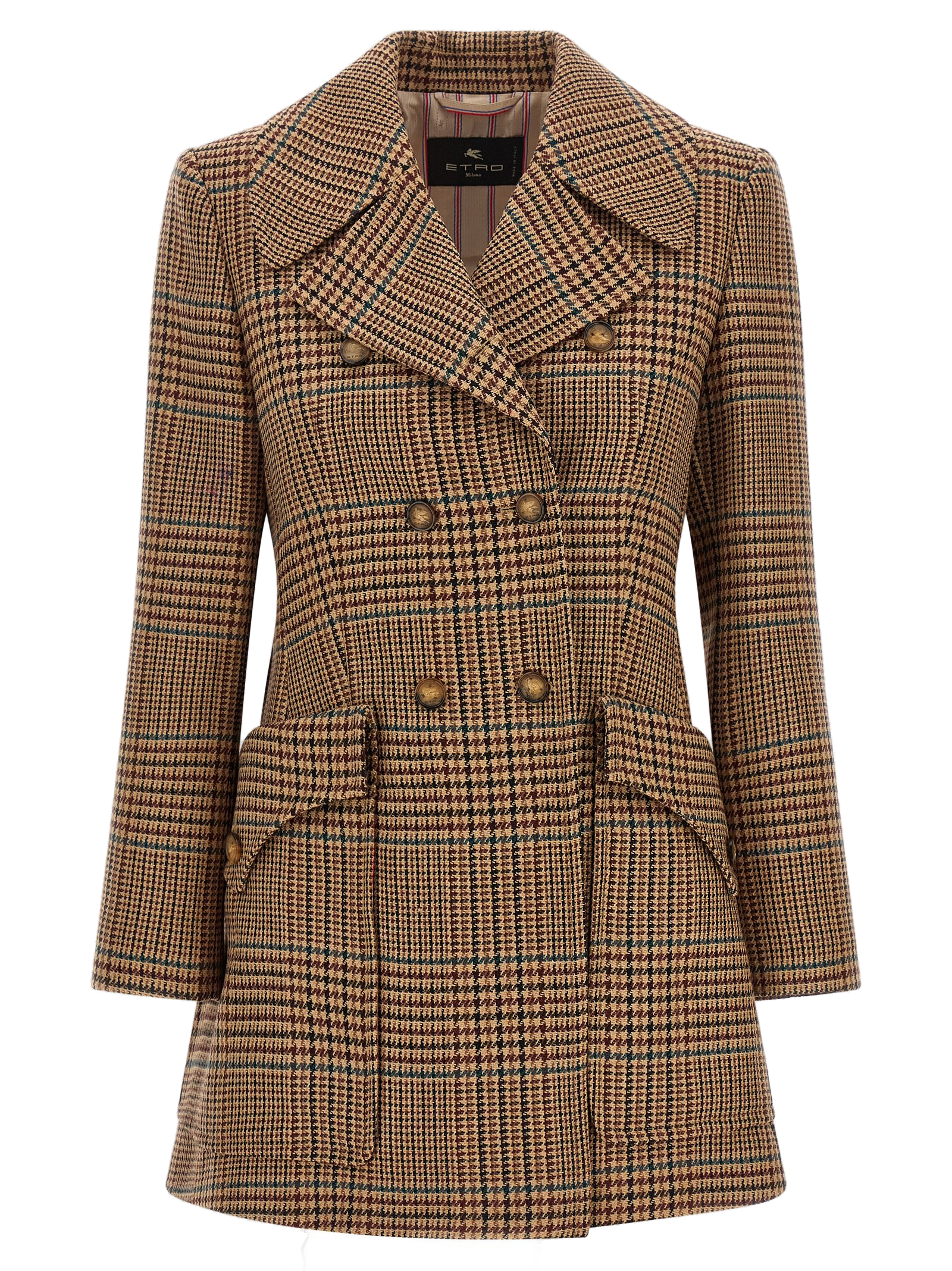 Double-Breasted Wool Prince of Wales Coat — Brown