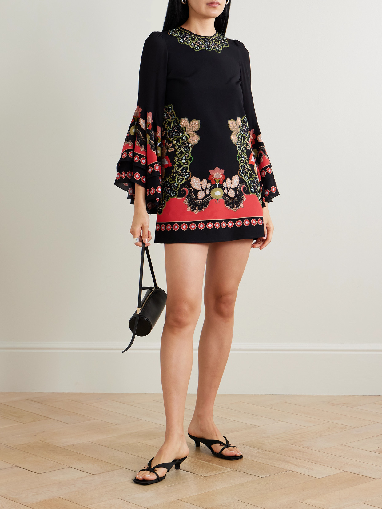 Friday Ruffled Printed Crepe Mini Dress - Black