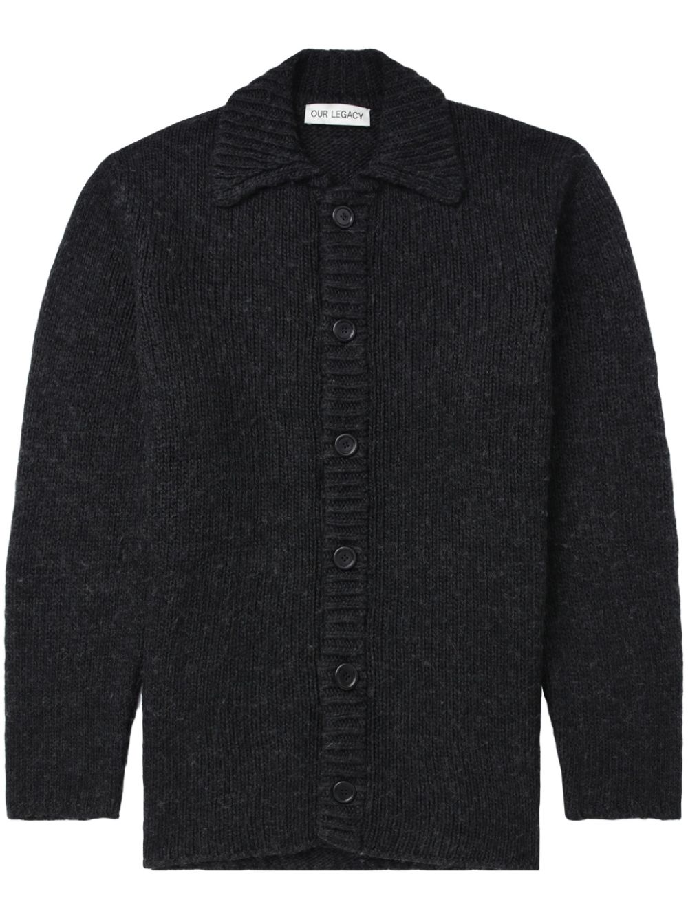 Polo-collar ribbed cardigan - Black