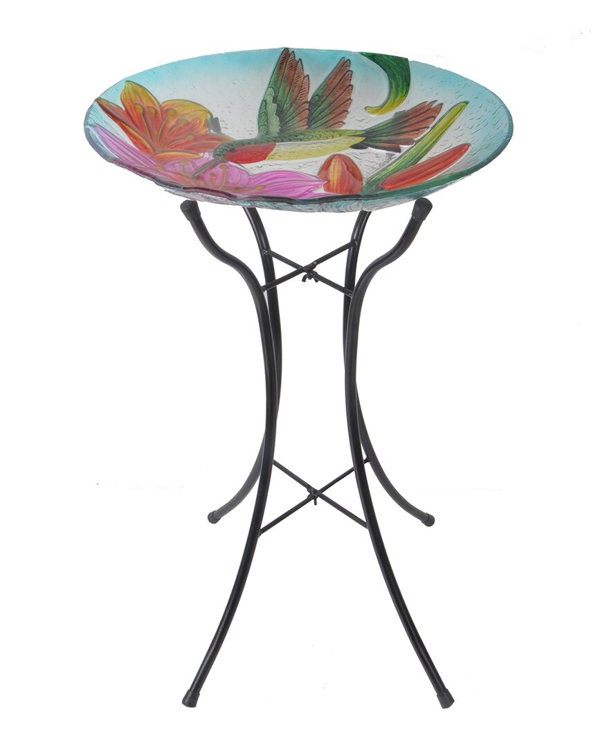 Peaktop Outdoor 18in Hand Painted Hummingbird Fusion Glass Bird Bath