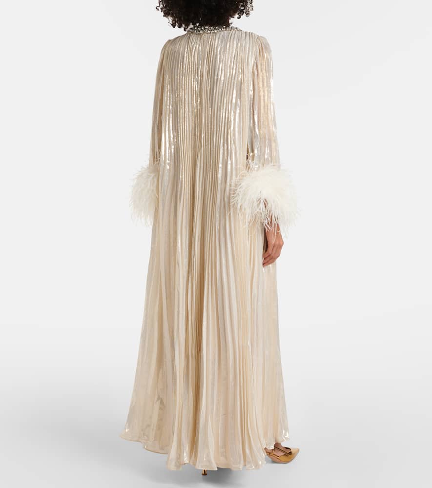 Feather-trimmed silk-blend maxi dress