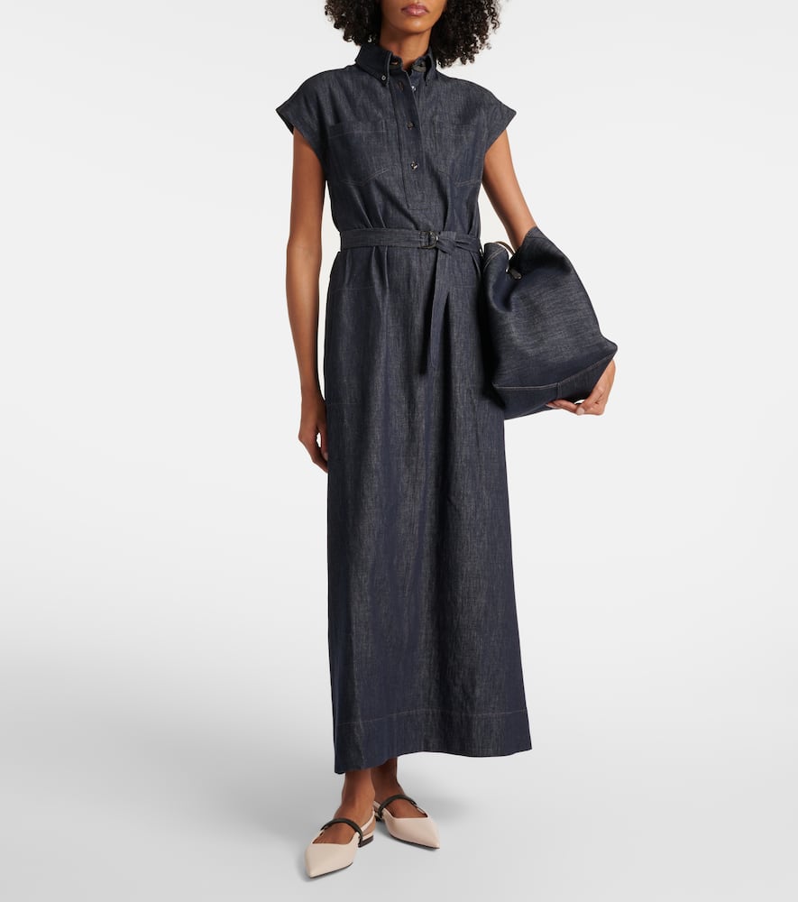 Belted denim maxi dress