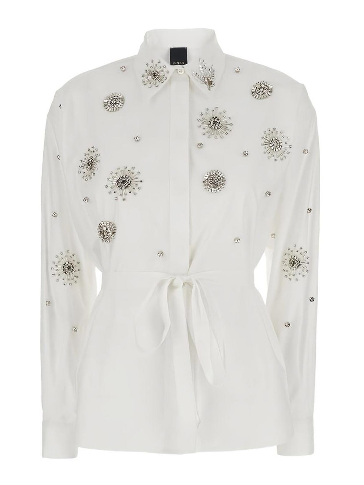 'Carley' White Shirt With Front Bow Detail And Front Crystal Embellishments In Cotton Woman