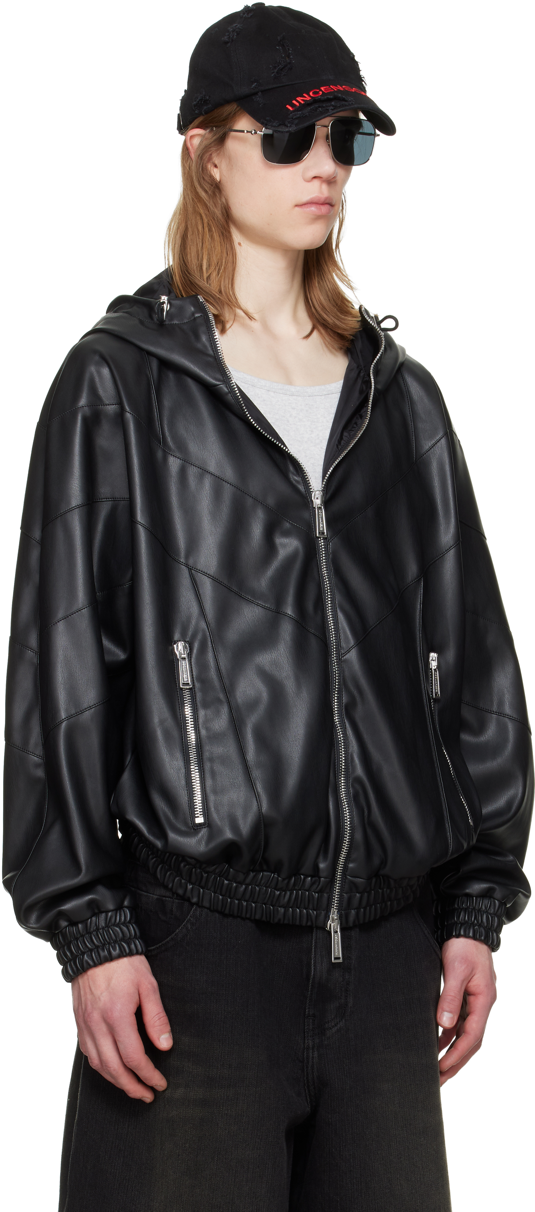 Black Zipped Hoodie Faux-Leather Jacket