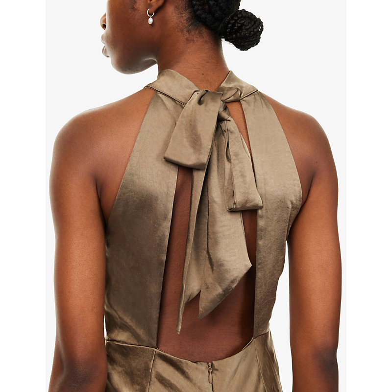 Womens Dark Olive Halterneck Slim-fit Satin Maxi Dress