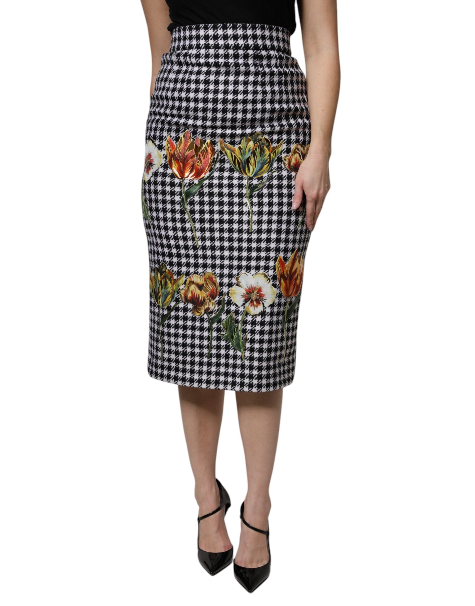 Houndstooth Floral Print Wool Skirt — Multicolor