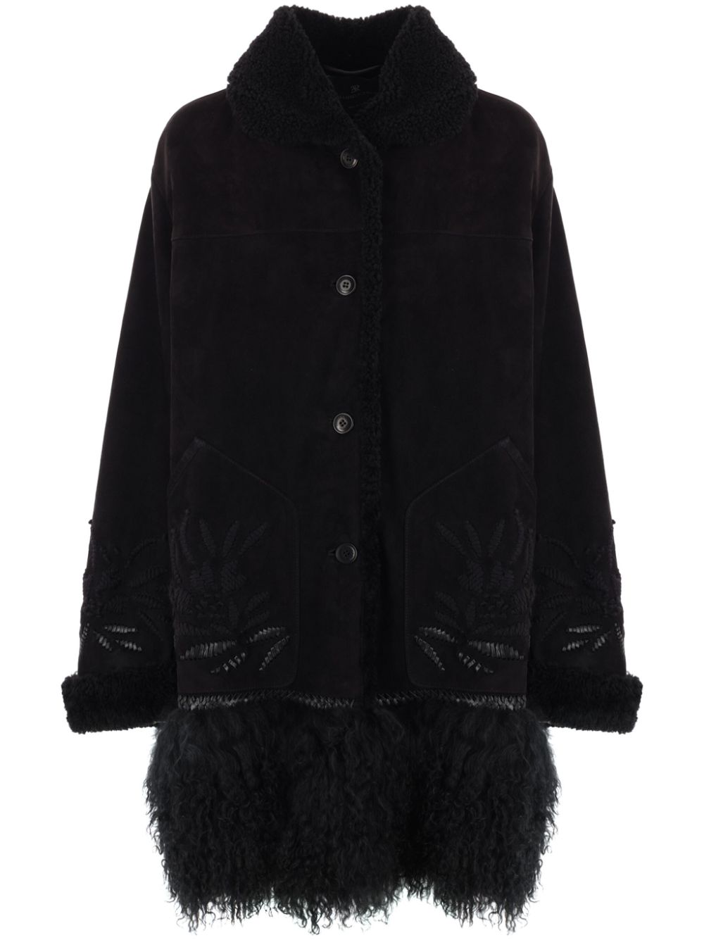 Embroidered shearling coat - BLACK