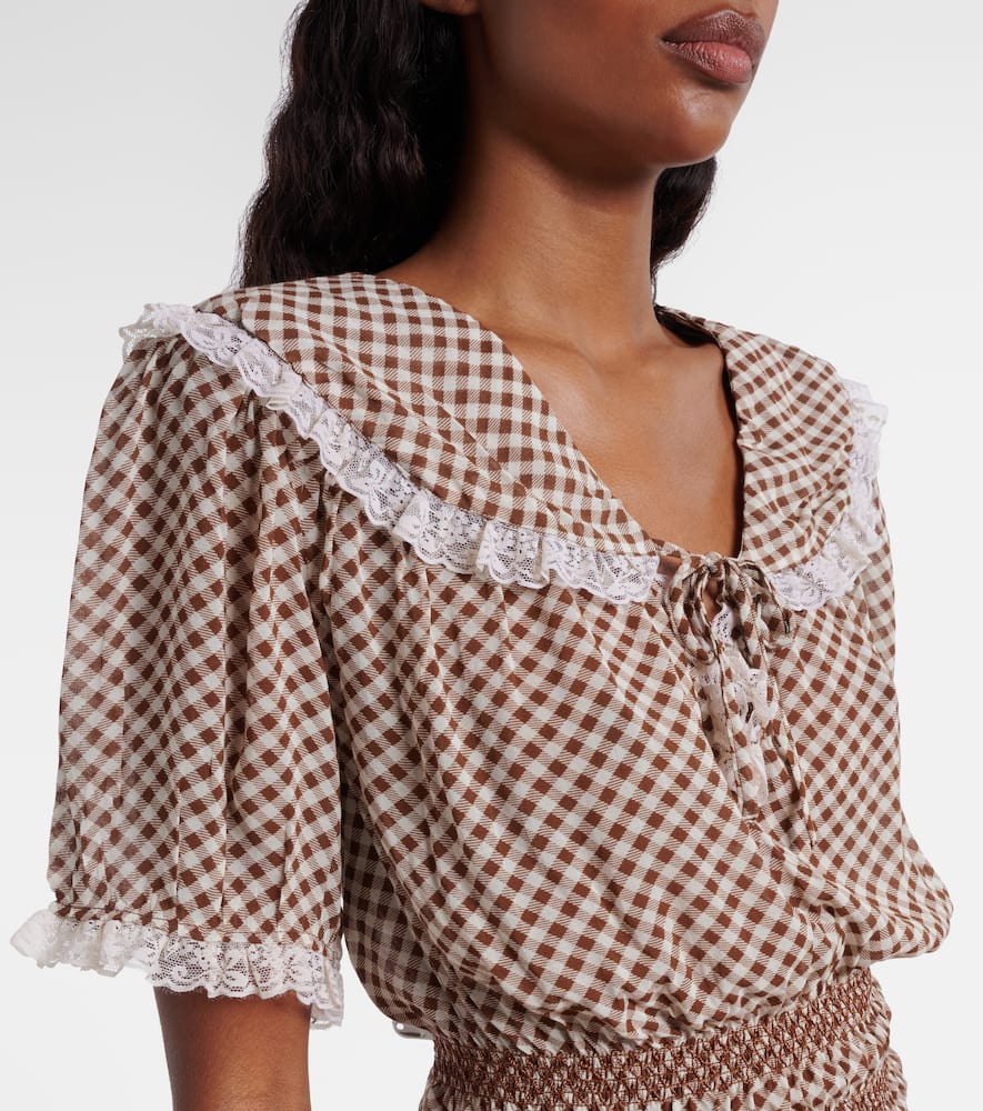 Britt gingham shirred crêpe top