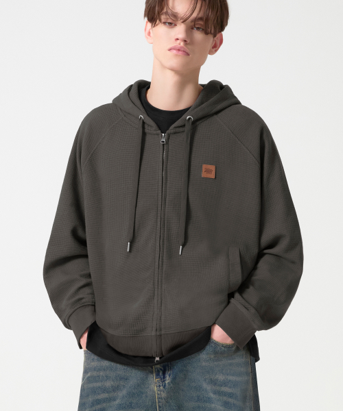 Leather Patch Waffle Hooded Zip-Up_Charcoal