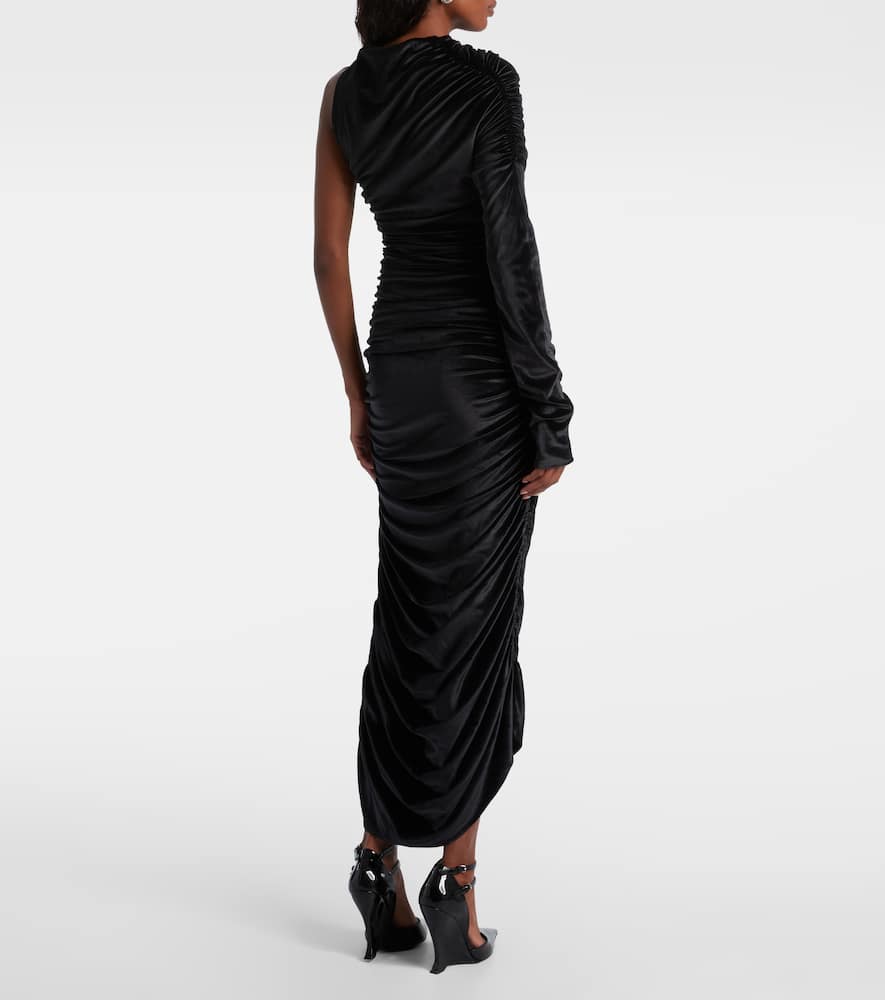 Asymmetric velvet jersey maxi dress