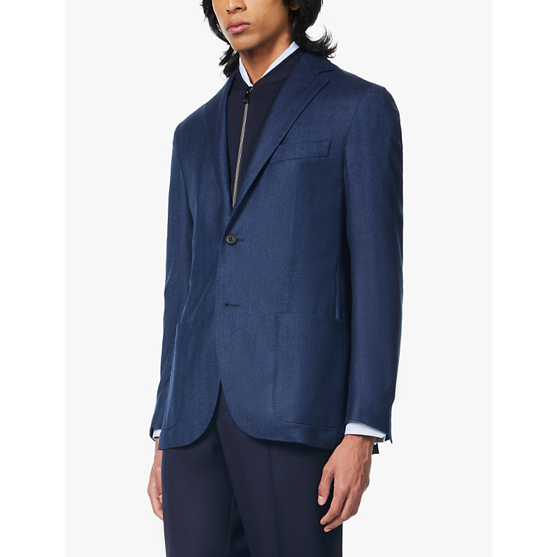 Mens Blue Herringbone Single-breasted Brushed Wool Blazer