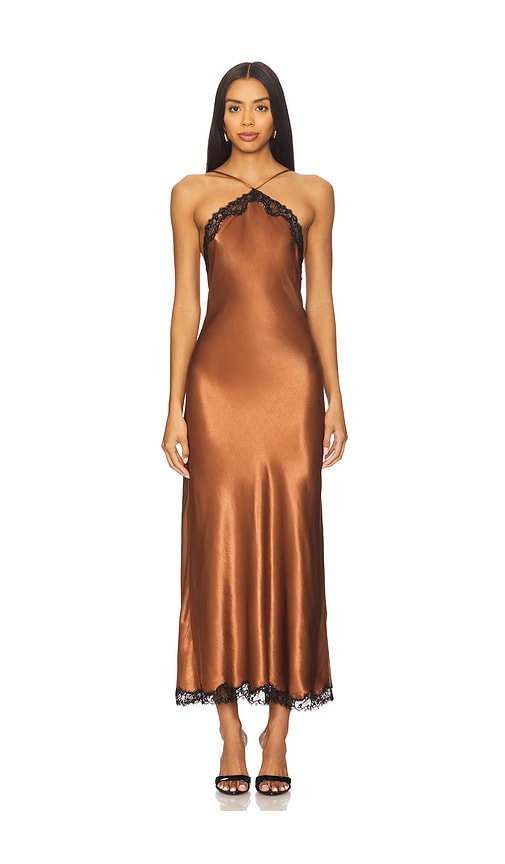 RIXO MIDI-KLEID HARLAN in Brown. Größe XS. Also in