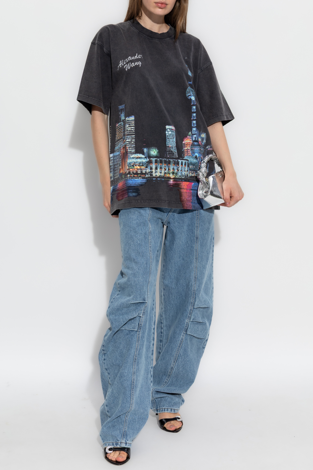 T-shirt With Print And Shimmering Appliqués, Women's, Black