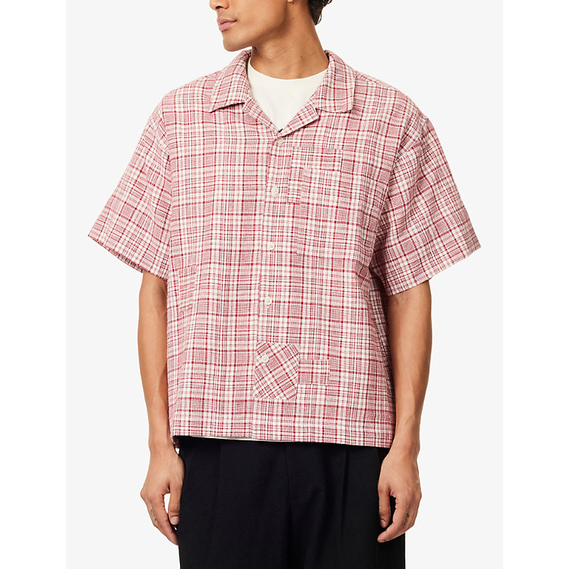 Mens Red Check Greetings Short-Sleeves Cotton-Knit Shirt