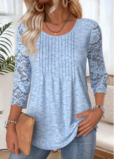Modlily Light Blue 3/4 Sleeve Round Neck T Shirt
