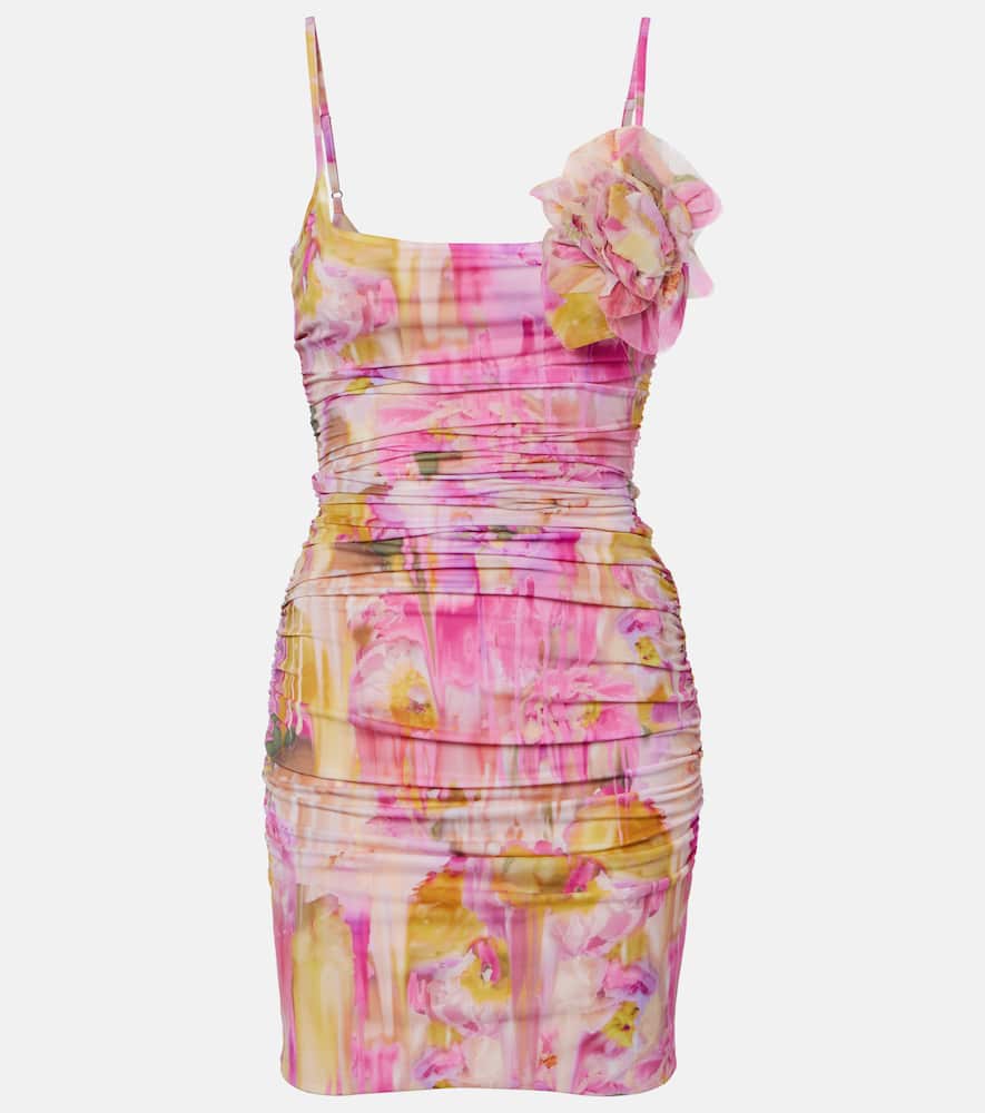 Floral-appliqué printed jersey minidress