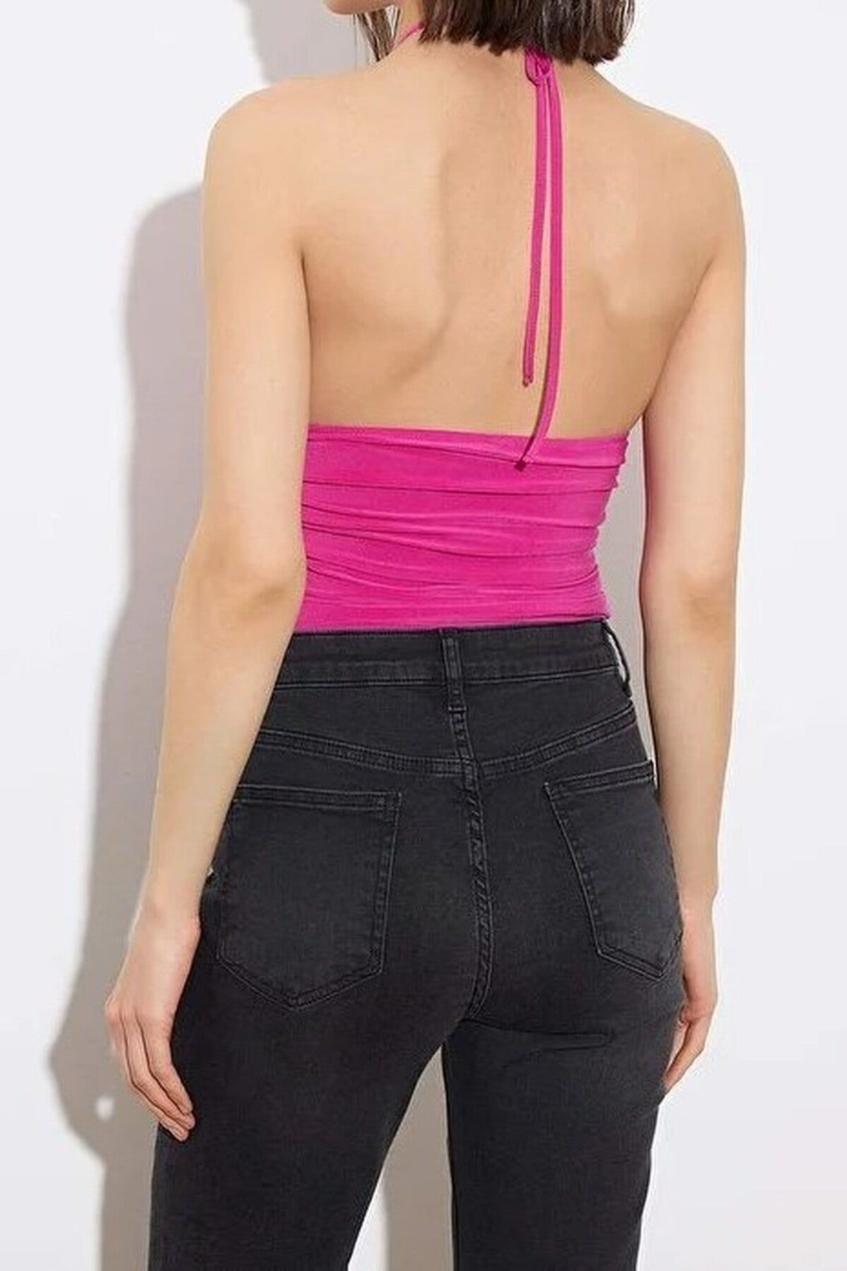 WOVCOR Women's Cut Out Halter Neck Sleeveless Fitted Bodysuit Top in Pink