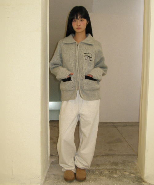 BACK HEART RIBBON COWICHAN KNIT ZIP UP GREY