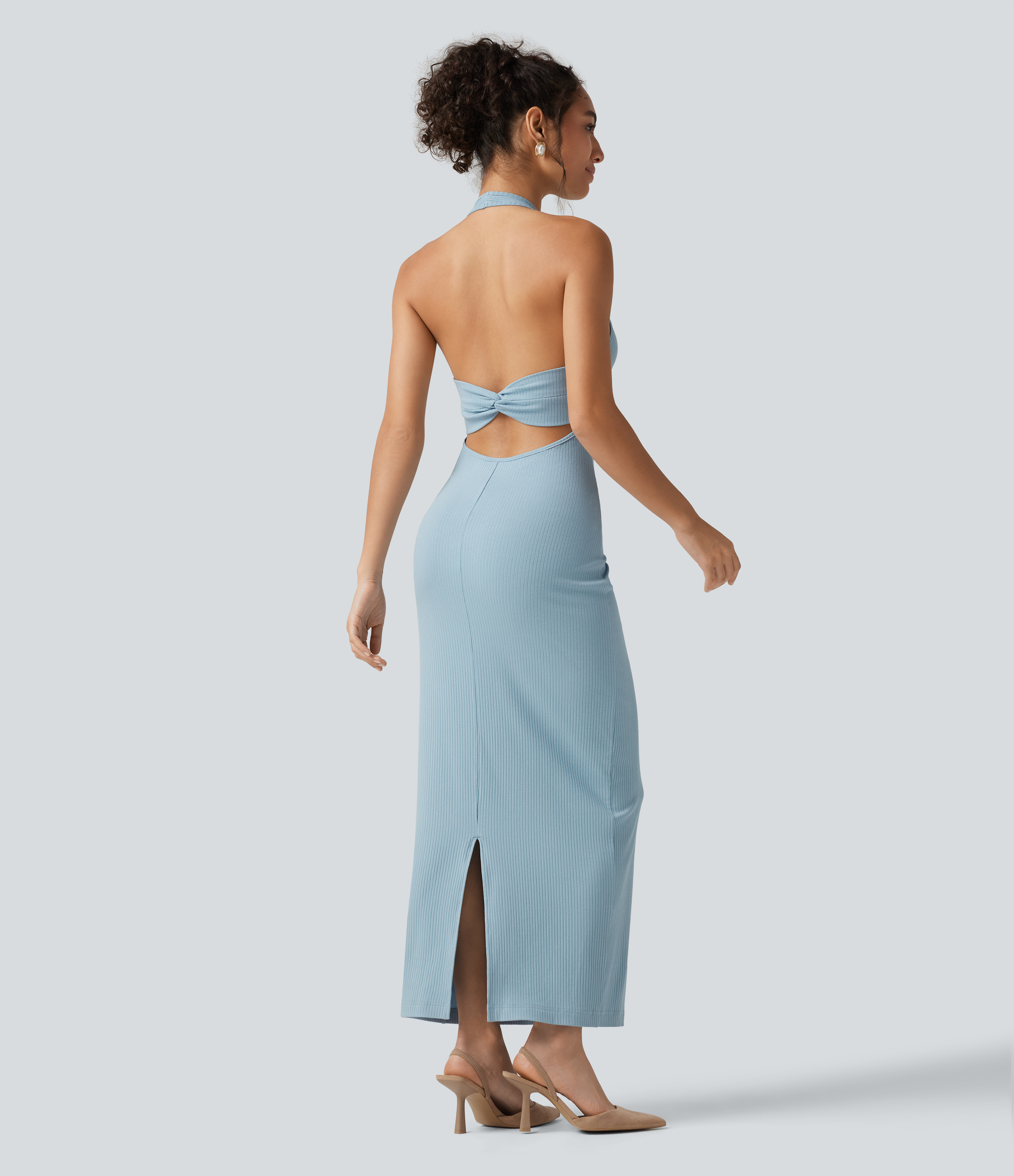 Ribbed Knit Halter Bodycon Midi Dress Casual Dress - Light Foggy Blue