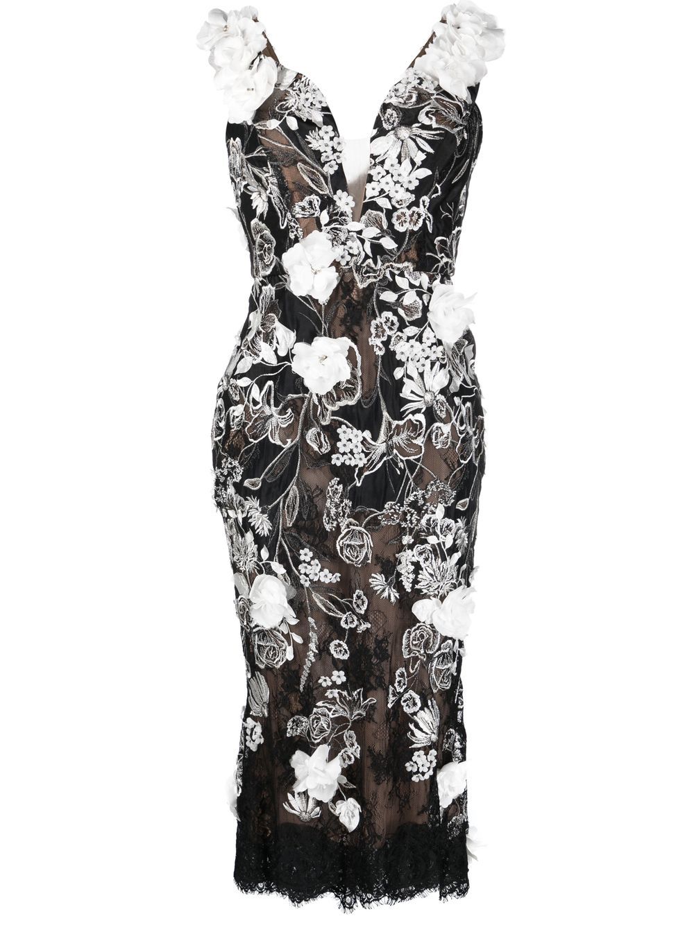 Floral-appliqué midi dress - Black