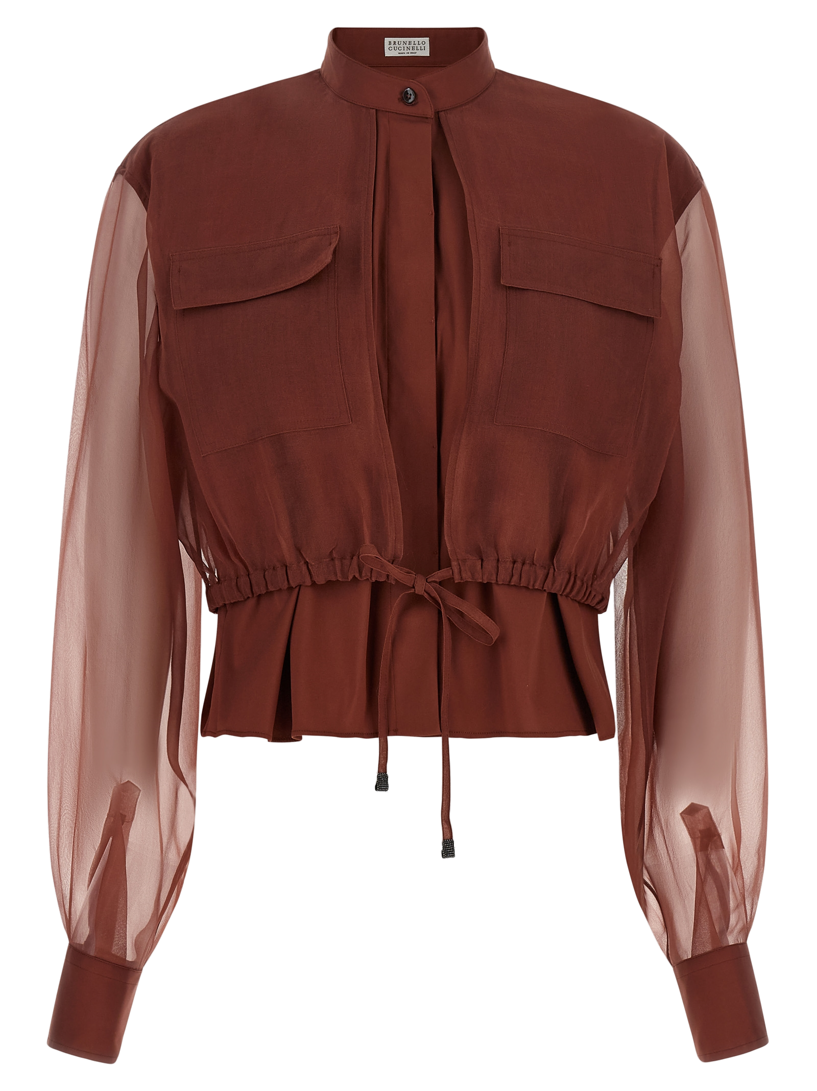 Cotton and Silk Mixed-Fabric Blouse — Brown