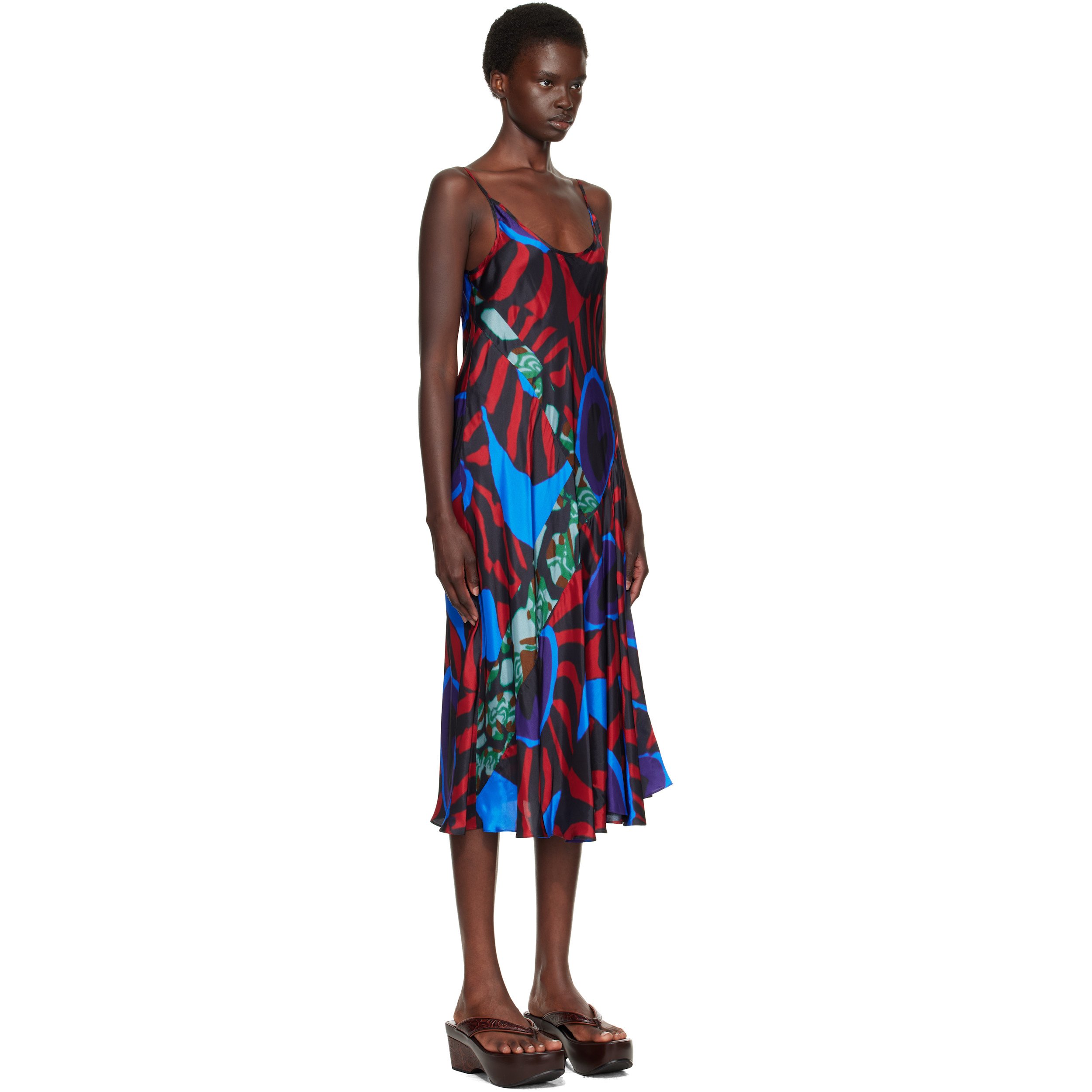 Red & Blue Printed Slip Midi Dress