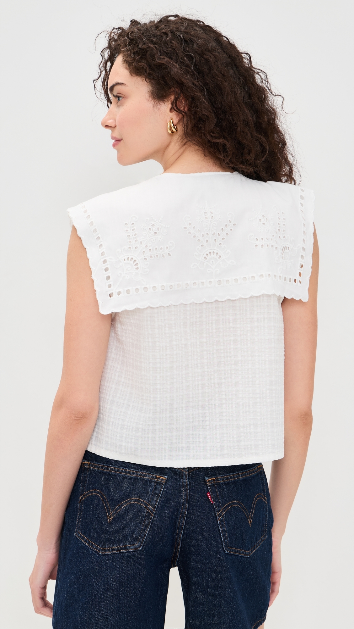 Cutwork Collar Tie Front Blouse White