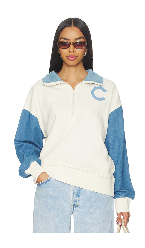 Terez x REVOLVE Cubs Denim Quarter Zip in White & Denim Medium. L also in M, S, XL