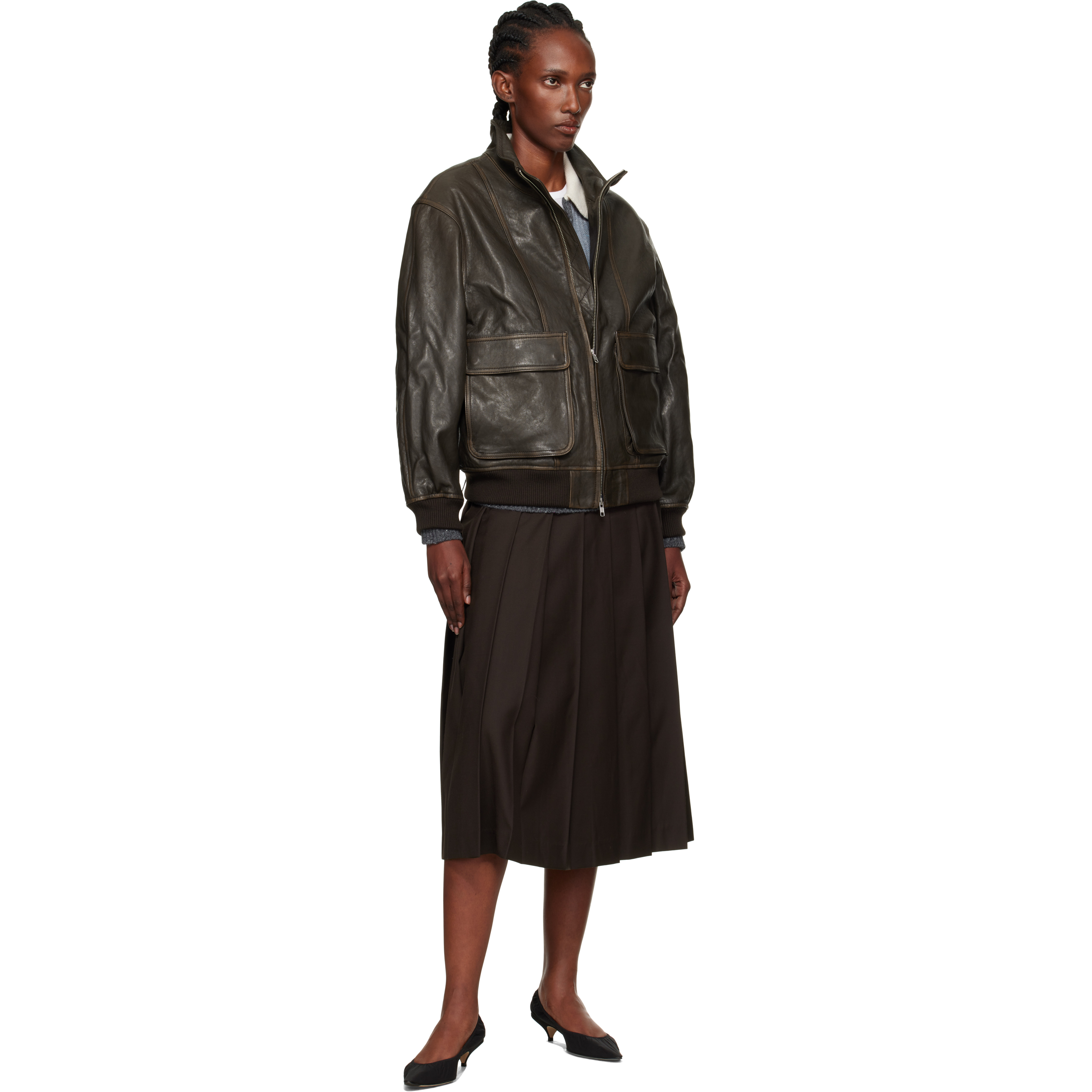 Brown Stand Collared Leather Jacket