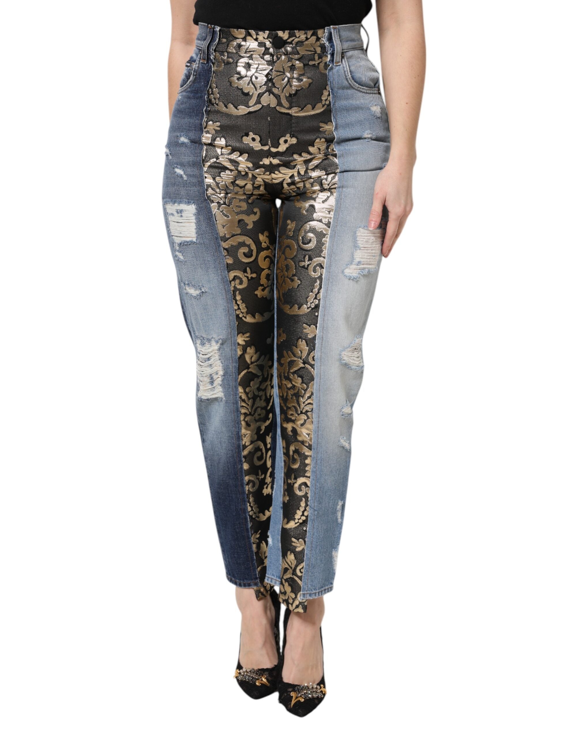 Floral Jacquard Patchwork Jeans — Multicolor