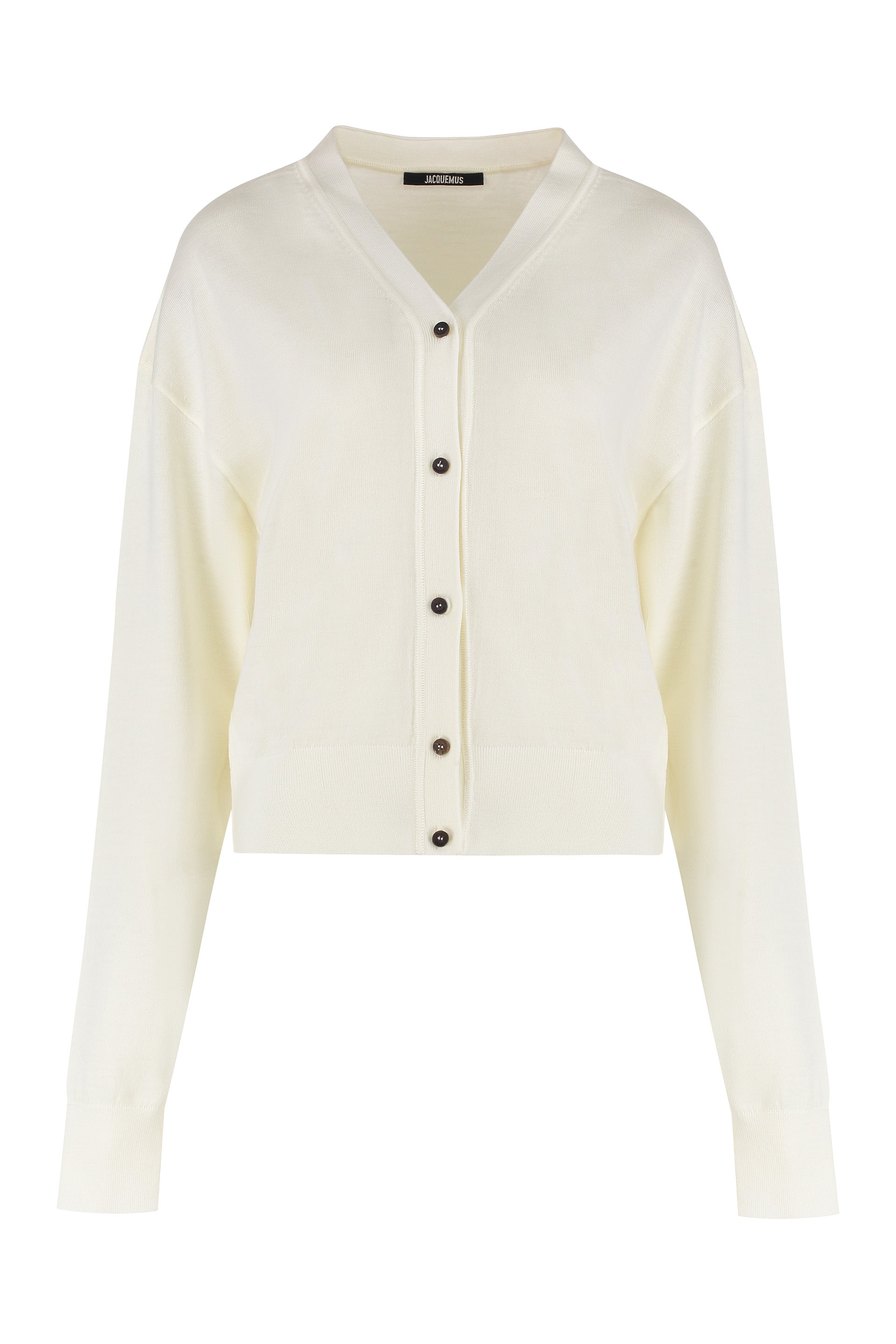 Merino Wool V-Neck Cardigan with Back Embroidered Logo