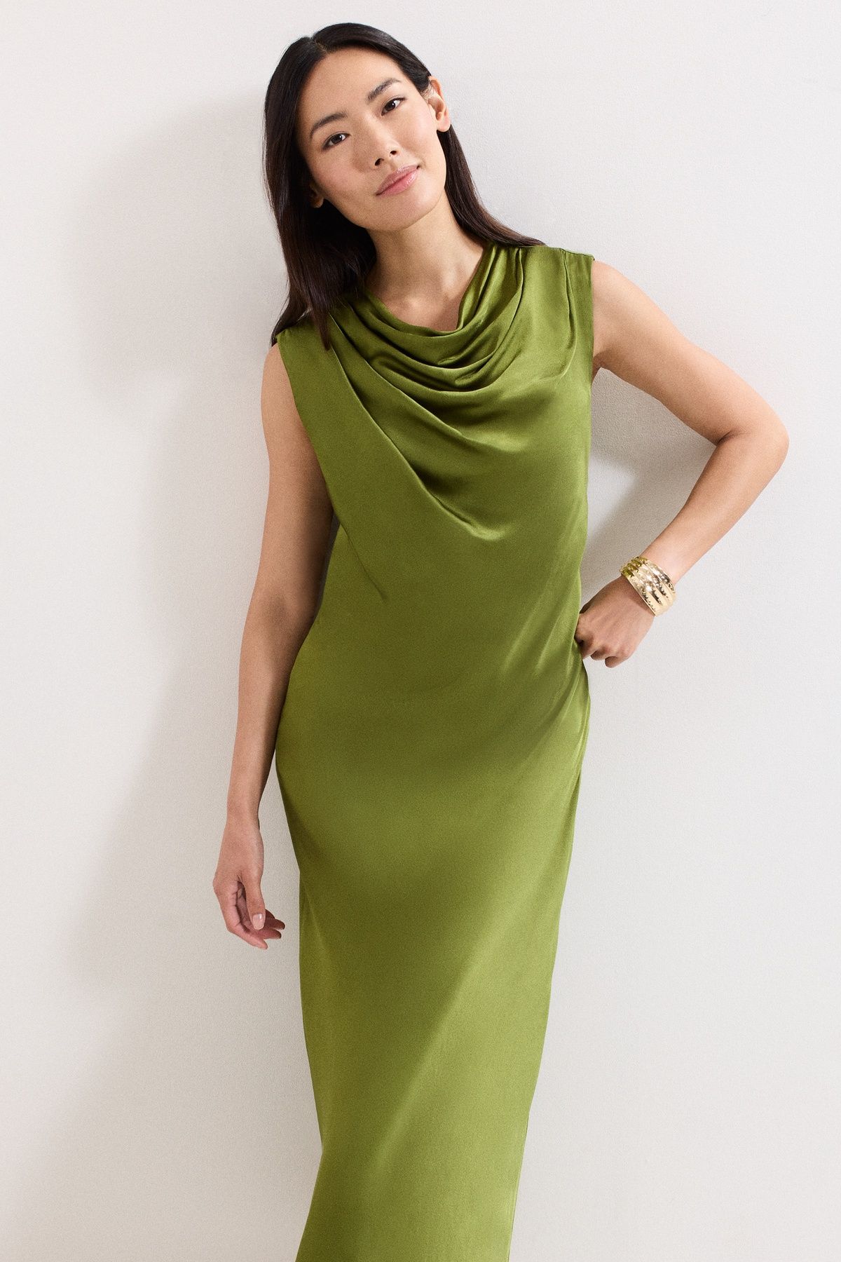 Phase Eight Women's Hallie Green Satin Cowl Neck Midi Dress in Olive