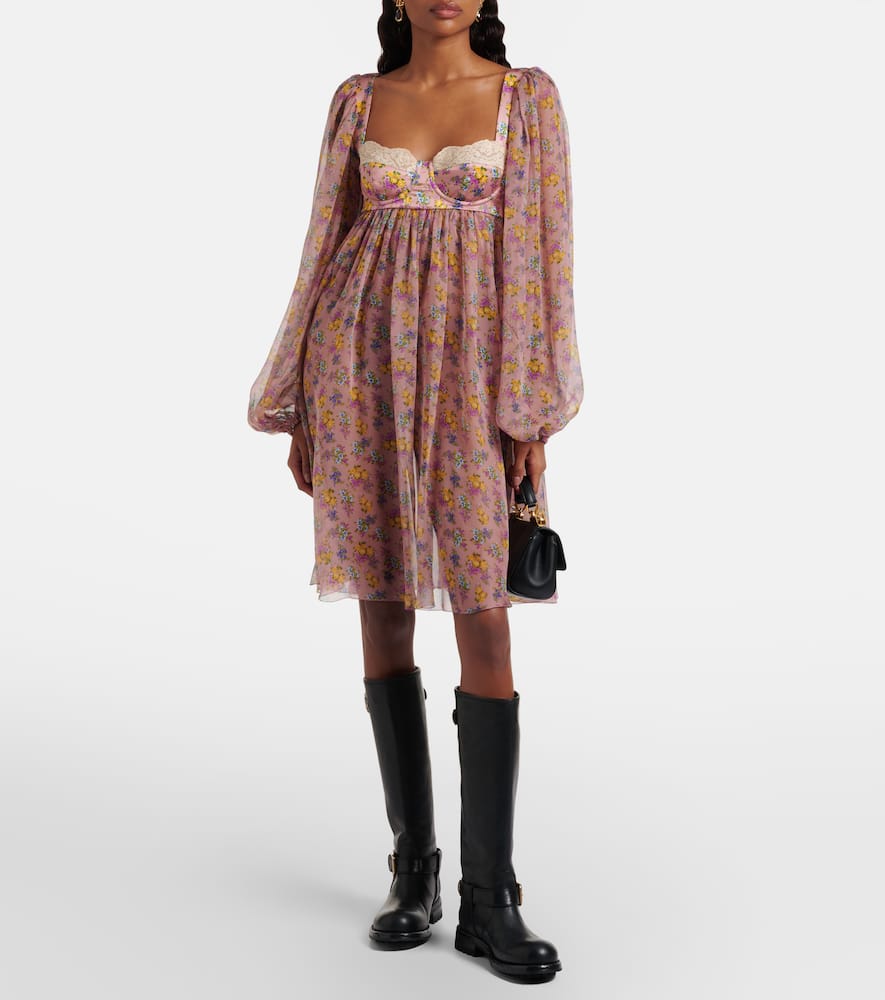 Floral lace-trimmed silk and cotton-blend chiffon minidress