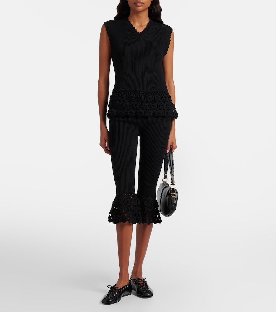 Crochet-trimmed ribbed cotton-blend top