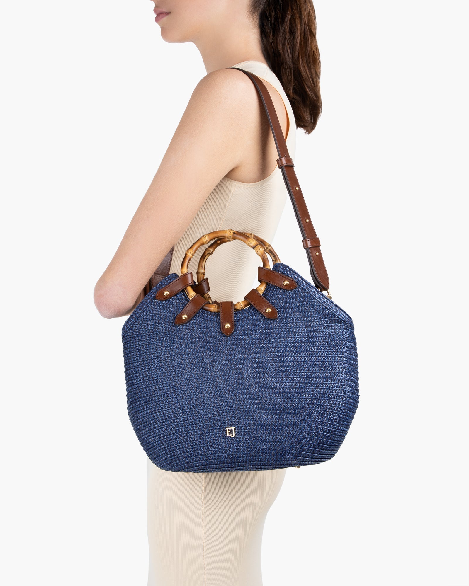 Squishee Straw Bag with Leather Trim and Bamboo Handles for Women