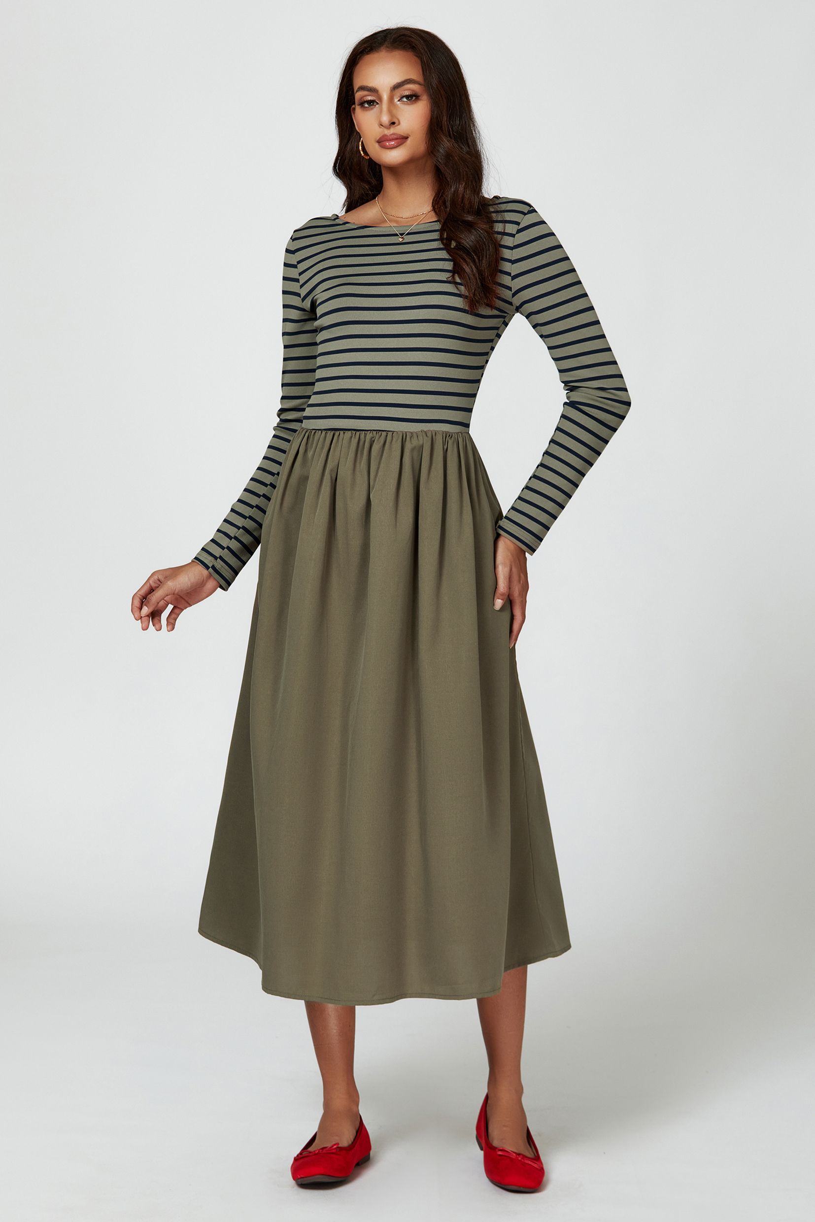FS Collection Women's Long Sleeve Stripe Midi Dress In Olive | : Mediu