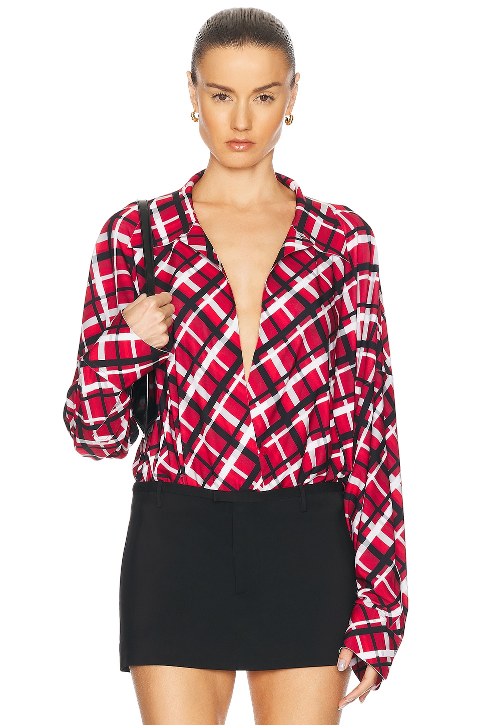 Norma Kamali Super Oversized Boyfriend Shirt Bodysuit in Red Bias Plaid - Red.  XS also in L