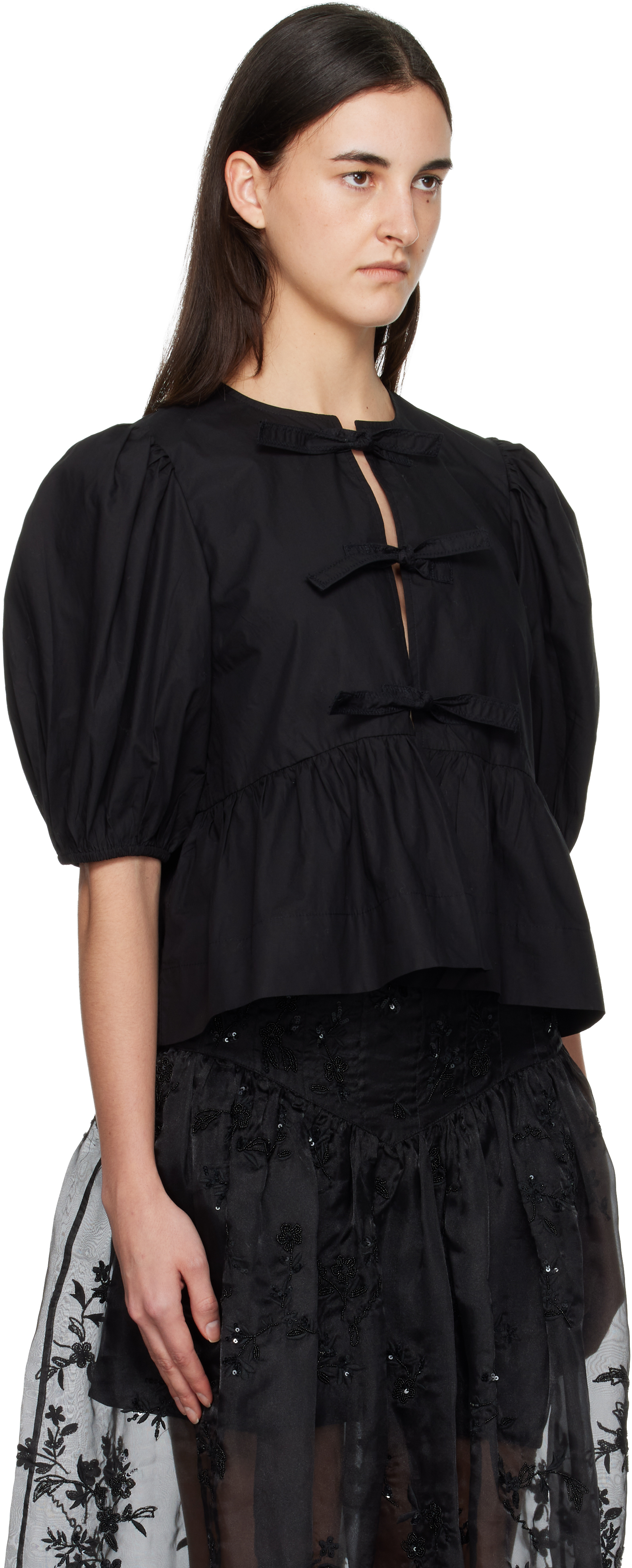 Black Cotton Poplin Peplum Tie Blouse