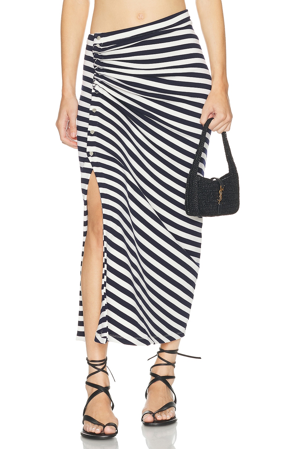 RABANNE Striped Draped Midi Skirt in Navy & Cream - Navy.  42 also in 34, 36