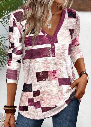 Modlily Dark Reddish Purple Button Geometric Print T Shirt