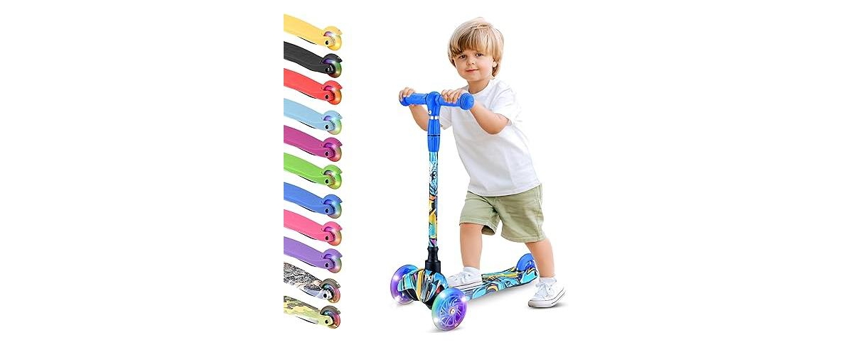 3-Wheel Mini Kickboard Scooter for Kids - Adjustable Handlebar, Led Light-Up Wheels, Ages 2-5 - Graffiti Design