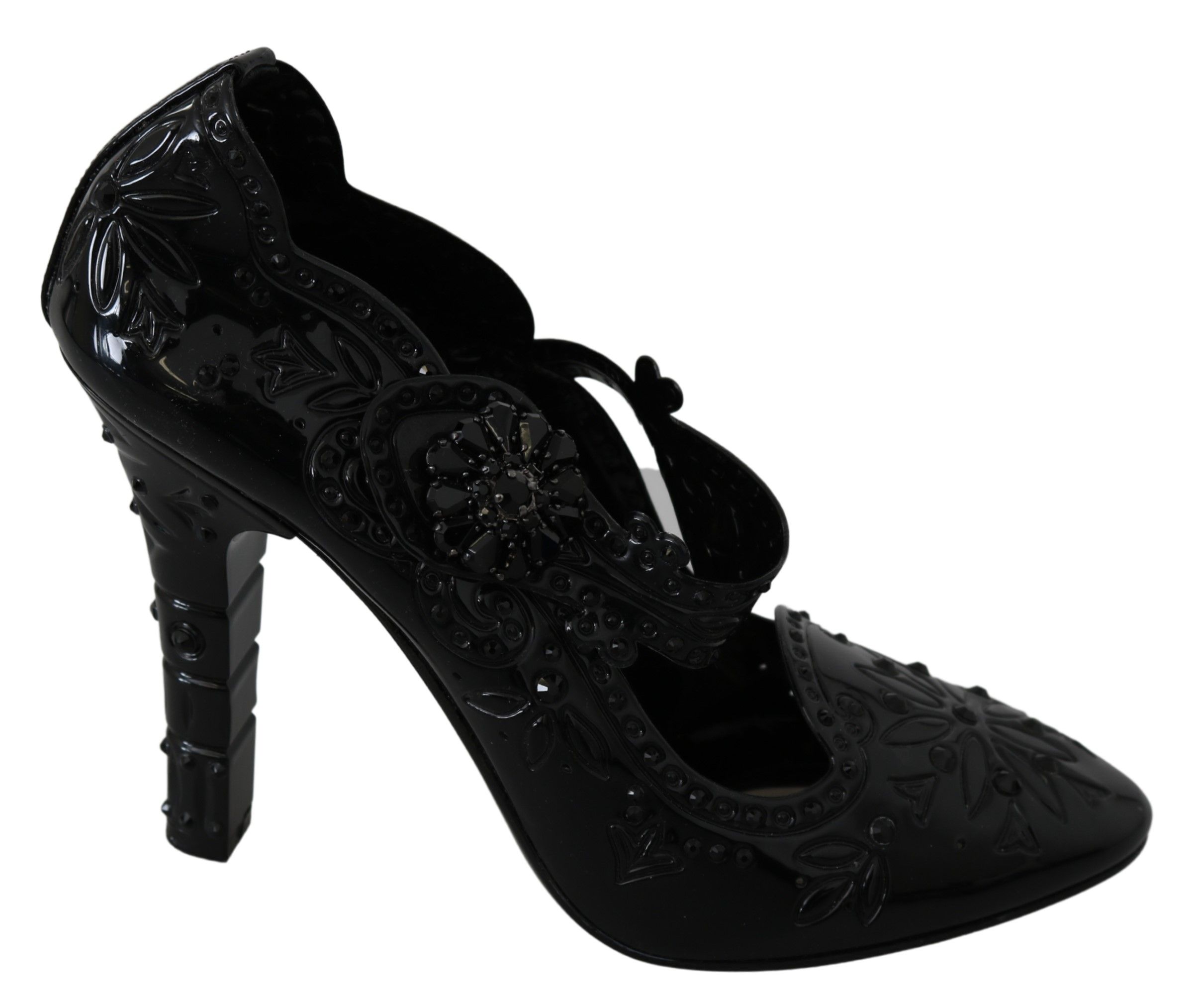 Dolce & Gabbana Black Floral Crystal CINDERELLA Heels Women's Shoe