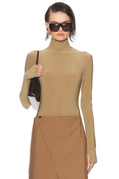 Norma Kamali Long Sleeve Turtleneck Bodysuit in Brown