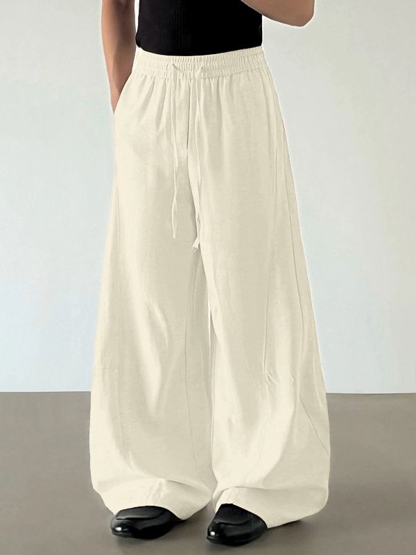 Men's Vintage Harajuku Curved Stitching Elastic Waist Draped Wide Leg Pant SKUL70248 - Apricot / S