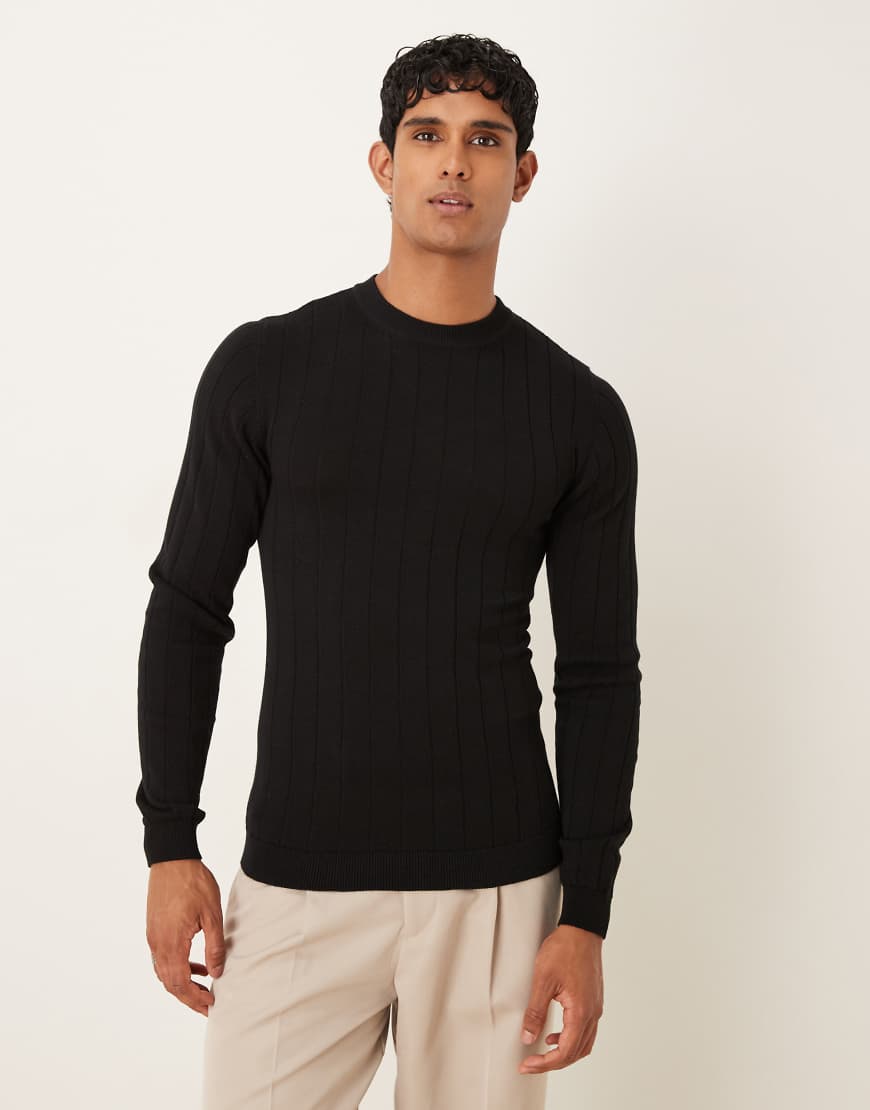 Muscle fit long sleeve knit crew neck t-shirt in black