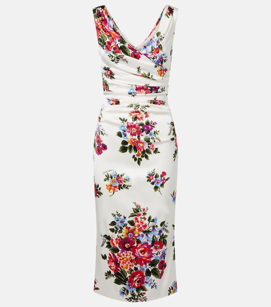 Draped floral satin midi dress
