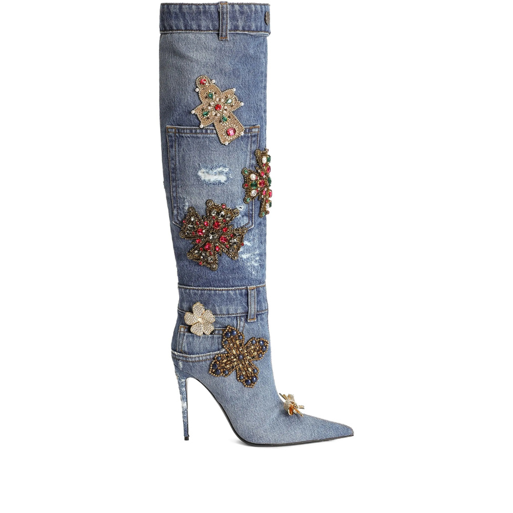 105mm embroidered patchwork denim boots