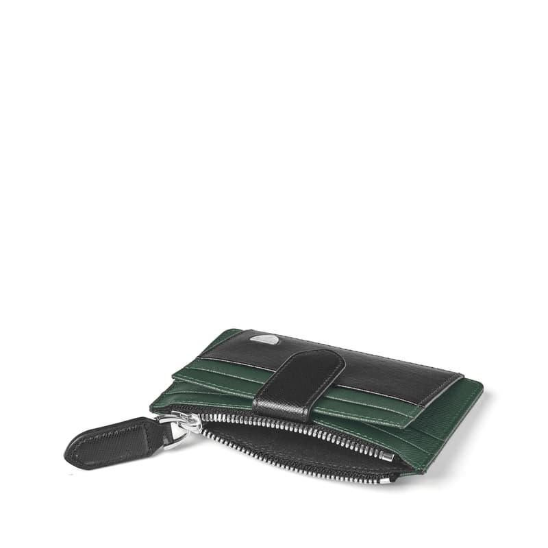 Zipped RFID Card Holder in Black & Green Saffiano